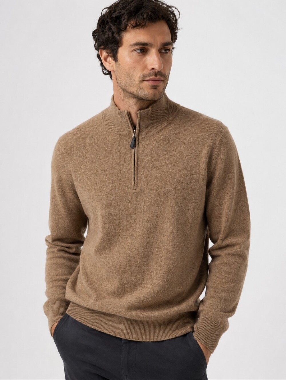 Oliver Perry Men's Quarter Zip Tan 100% Cashmere Sweater Size M